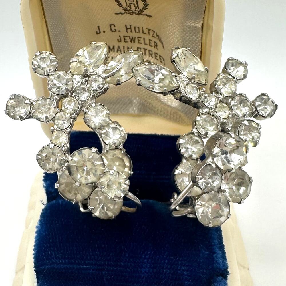 Vintage high end silver tone clear rhinestones wire over clip on earrings